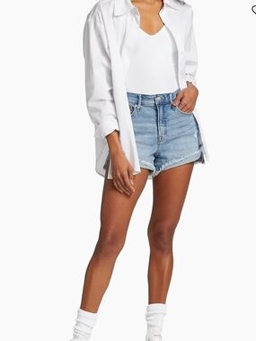Good American Light Blue High-Rise Frayed Denim Shorts